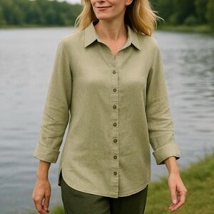 BICE LINEN BREATHABLE FIBER BOHO SAGE GREEN  OVERSIZED BUTTON DOWN SHIRT SZ L